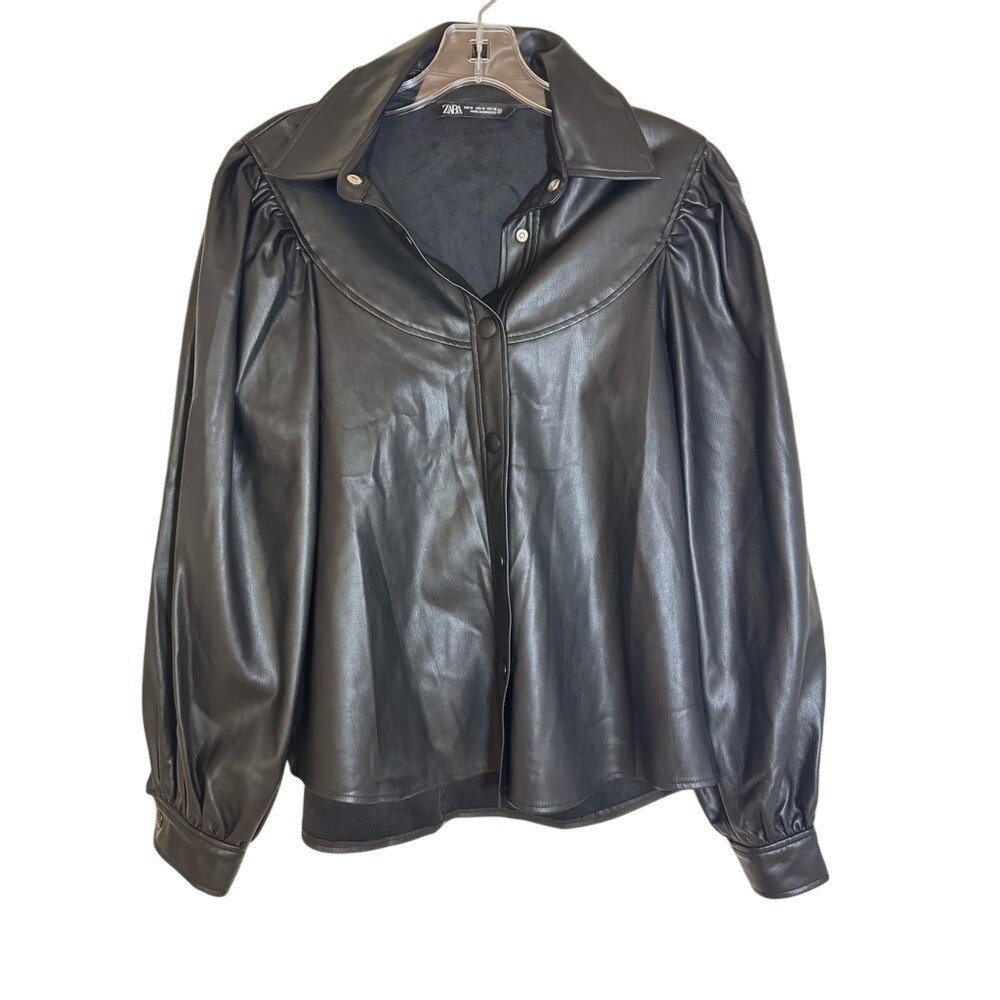 Zara Black Vegan Leather button up‎ blouse puff long sleeve, Medium - Picture 2 of 8